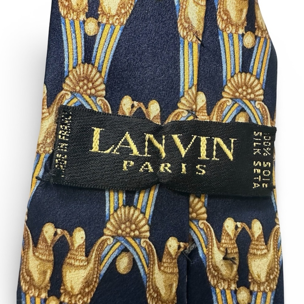 100% Silk Lanvin Paris Designer Blue and Gold Patterned Silk Tie